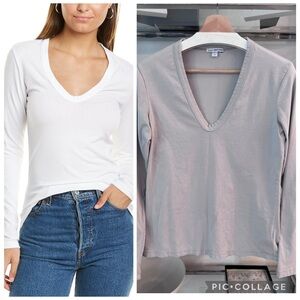 James Perse Deep V-Neck Spandex Long Sleeve Tee T-Shirt Gray 4 Large